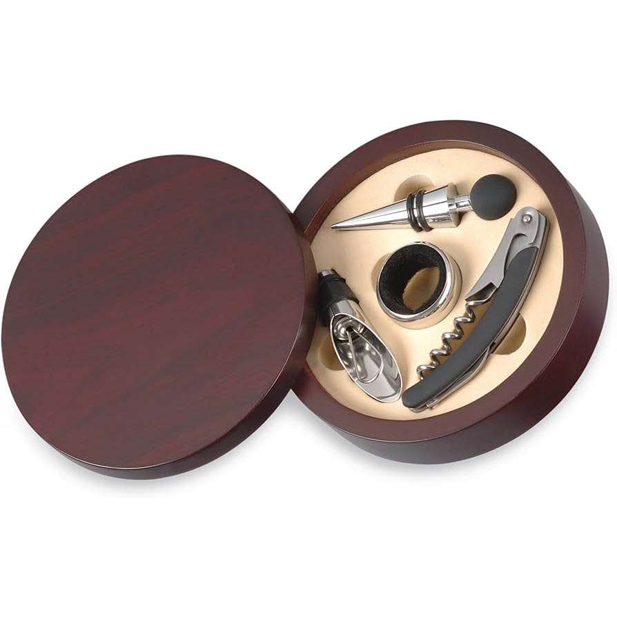 Accessorio Vino Set Legno Cilindrico Cavatappi Termometro Versatore