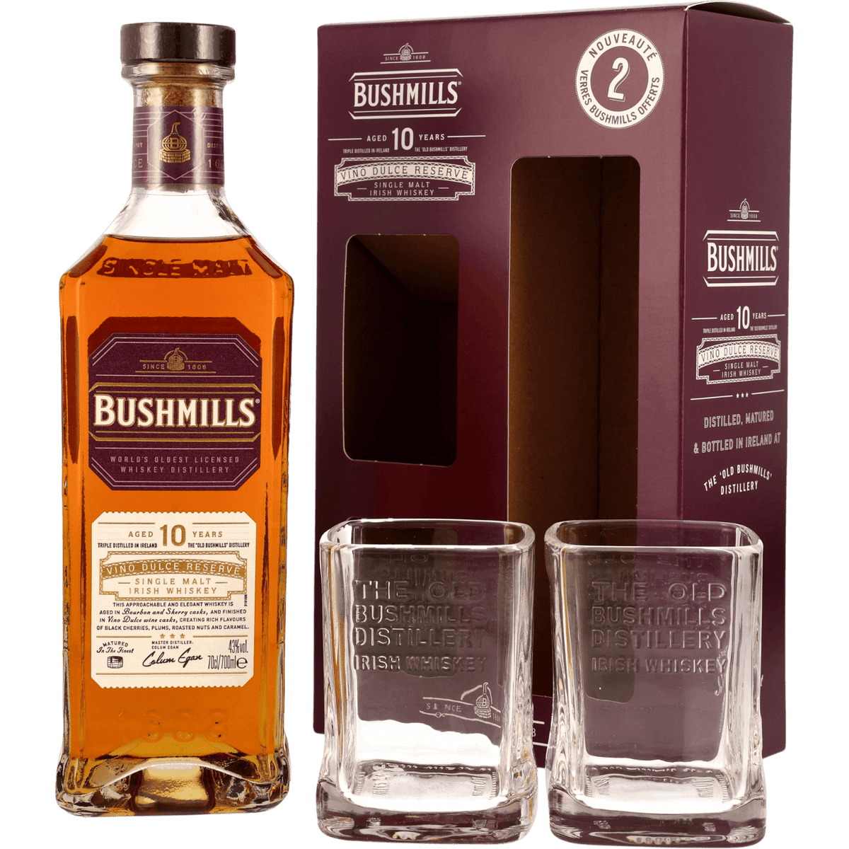 Irish Whiskey Bushmills 10 Anni Vino Dulce + 2 Bicchieri cl. 70 - Confezione Regalo