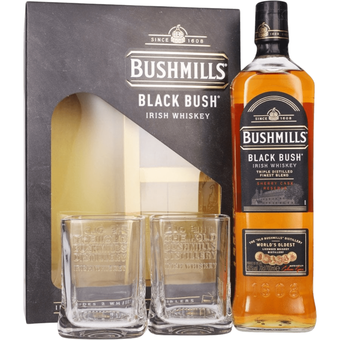Irish Whiskey Bushmills Black Bush + 2 Bicchieri cl. 70 - Confezione Regalo