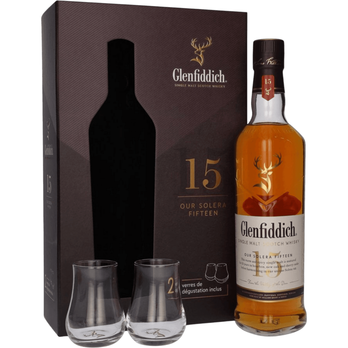 Scotch Whisky Glenfiddich 15 Anni Solera + 2 Bicchieri cl. 70 - Confezione Regalo