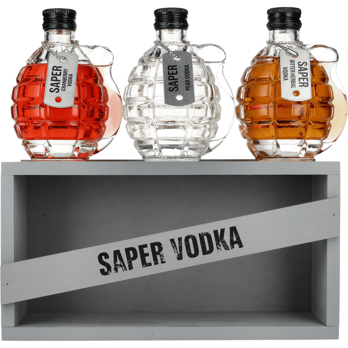 Vodka Saper 3 Bottiglie Bomba A Mano Scatola Legno cl. 70 - Confezione Regalo