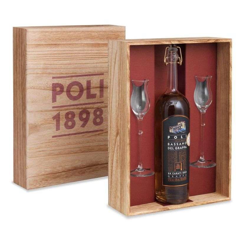 Grappa Poli Bassano 24 Carati Oro Confezione Legno 2 bicchieri cl.70